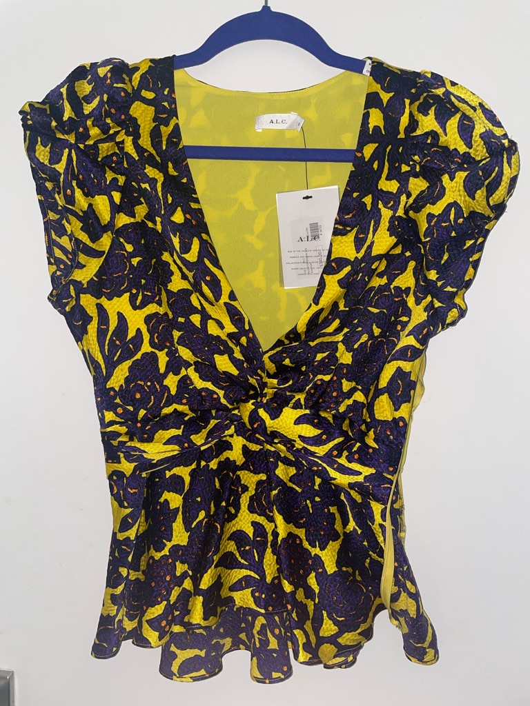 A.L.C. Yellow & Navy Floral Twist-Front V-Neck Blouse Nwt